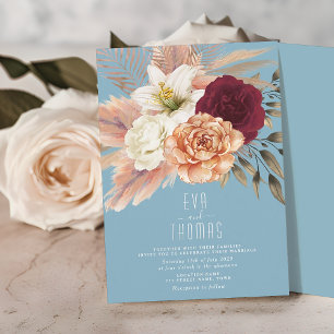 Dusty Blue Pink Peach Floral Wedding Invitation