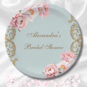 Dusty Blue Pink Peony Vintage Floral Bridal Shower Paper Plates