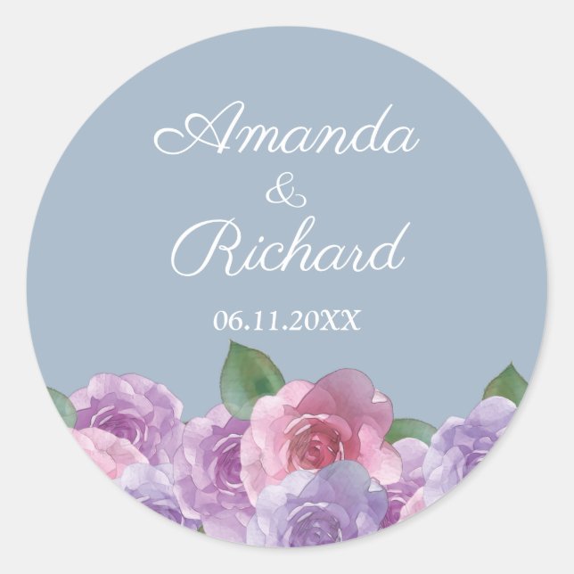 Dusty Blue Pink Purple Floral Wedding    Classic Round Sticker (Front)
