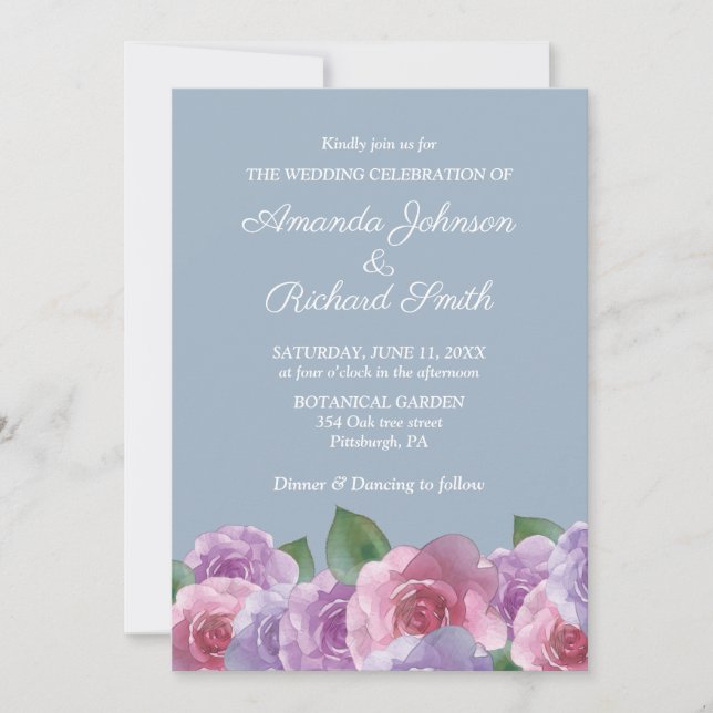 Dusty Blue  Pink Purple Floral Wedding  Invitation (Front)