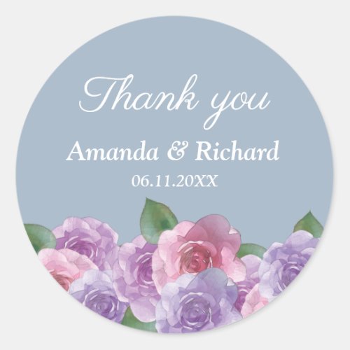 Dusty Blue Pink Purple Floral Wedding Thank You  Classic Round Sticker