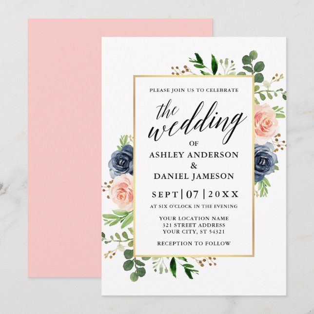 Dusty Blue Pink Roses Calligraphy Wedding Invitation (Front/Back)
