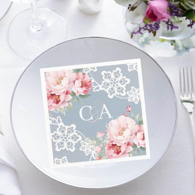 Dusty blue pink roses florals monogram wedding napkins (Creator Uploaded)