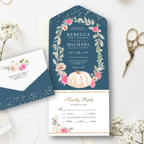 Dusty Blue Pink Roses White Pumpkin Wedding All In One Invitation