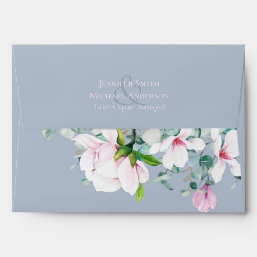Dusty Blue Pink Sage Magnolias Eucalyptus Wedding Envelope