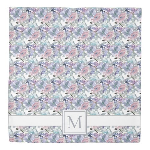Dusty Blue Pink Watercolor Floral Monogram Duvet Cover