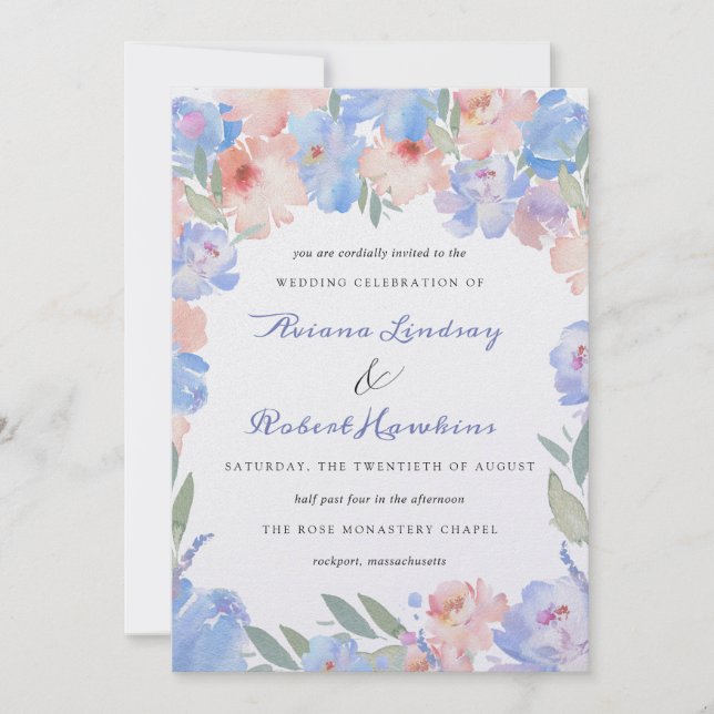 Dusty Blue Pink Watercolor Floral Wedding Inv Invitation (Front)