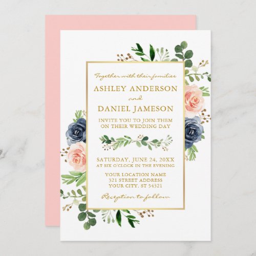 Dusty Blue Pink Watercolor Roses Gold Wedding Invitation