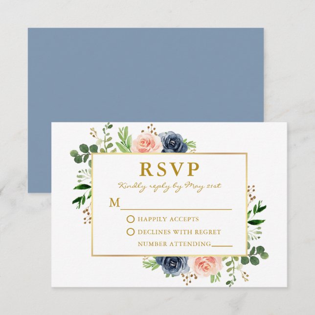 Dusty Blue Pink Watercolor Roses Gold Wedding RSVP Card (Front/Back)