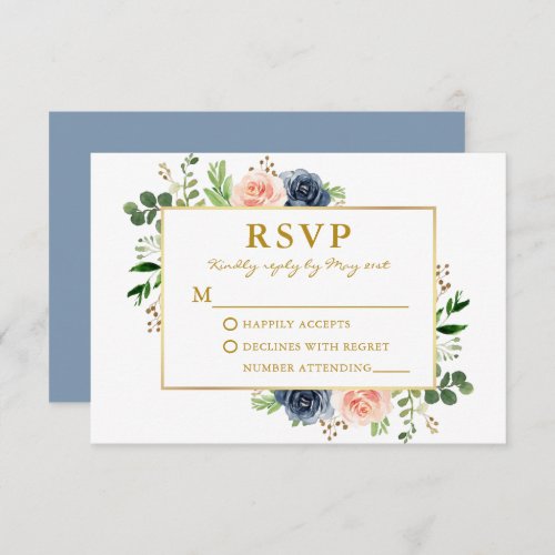 Dusty Blue Pink Watercolor Roses Gold Wedding RSVP Card