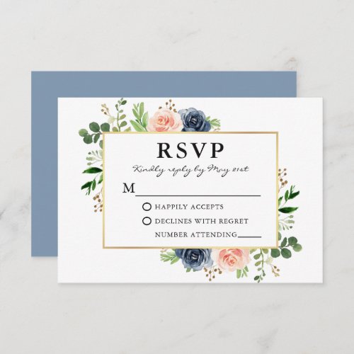 Dusty Blue Pink Watercolor Roses Greenery Wedding RSVP Card