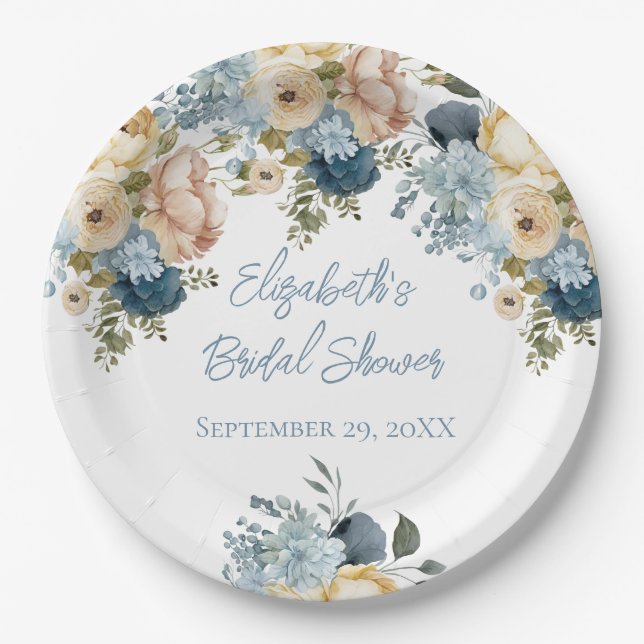 Dusty Blue Pink White Floral Bridal Shower Paper Plates (Front)