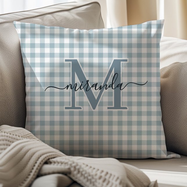 Dusty Blue Plaid Throw Pillow with Monogram (Creator Uploaded)