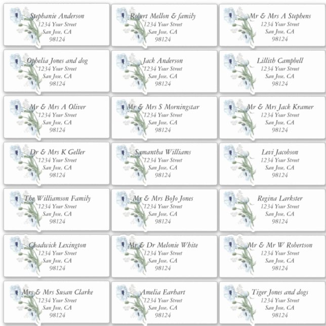 Dusty Blue Poppies  Guest Name Address Labels (Front)