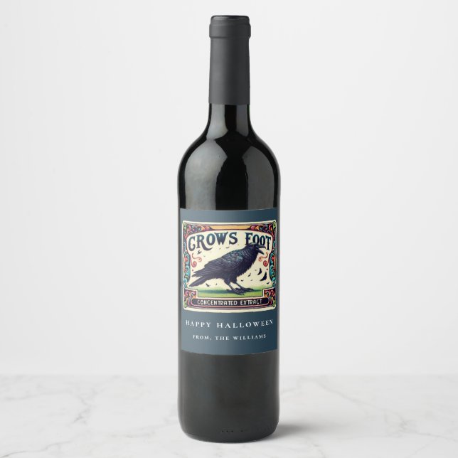Dusty Blue Potion Halloween Black Crow Wine Label (Front)