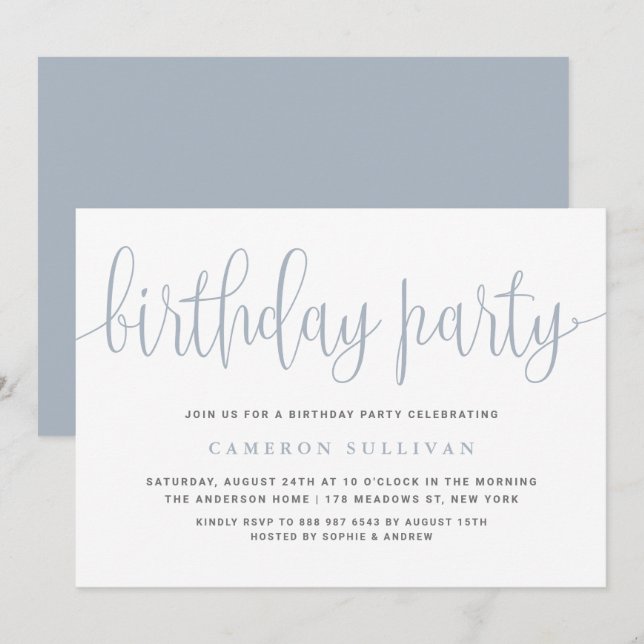 Dusty Blue Pretty Calligraphy Birthday Party Invitation (Front/Back)