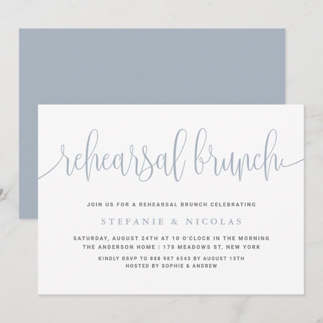 Dusty Blue Pretty Calligraphy Rehearsal Brunch Invitation (Front/Back)
