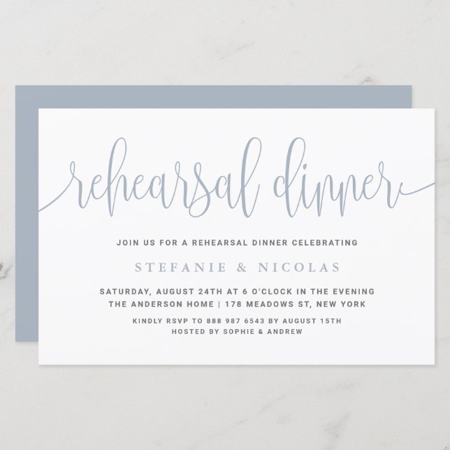 Dusty Blue Pretty Calligraphy Rehearsal Dinner (Front/Back)
