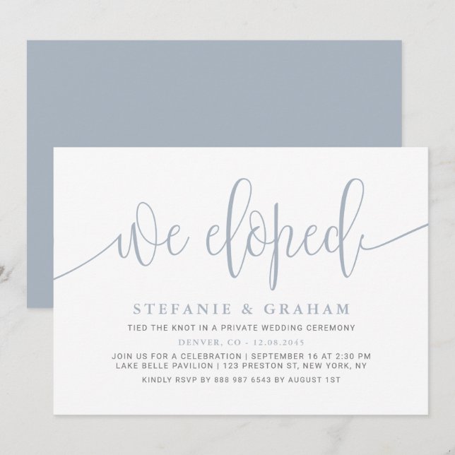 Dusty Blue Pretty Calligraphy Wedding Elopement Invitation (Front/Back)
