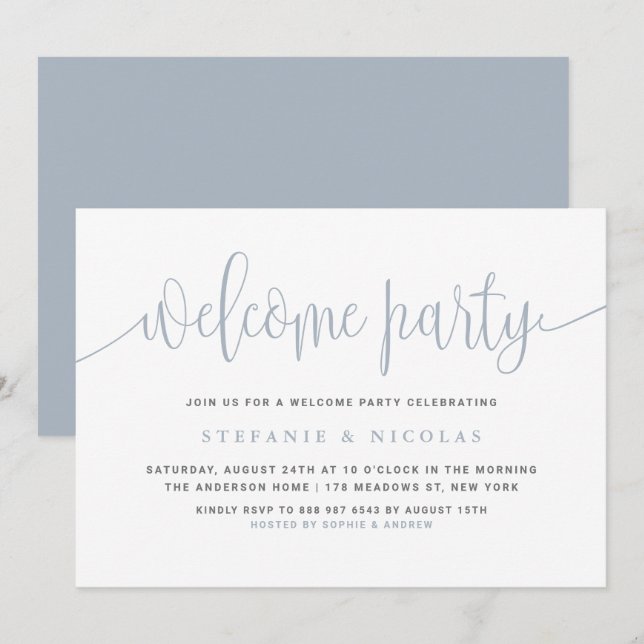 Dusty Blue Pretty Calligraphy Welcome Party Invitation (Front/Back)