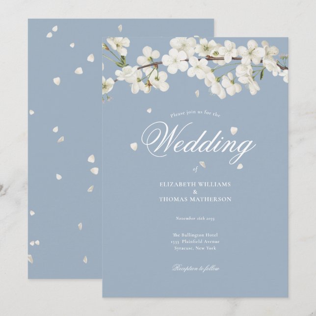 Dusty Blue Pretty Floral  White Blossom Wedding Invitation (Front/Back)