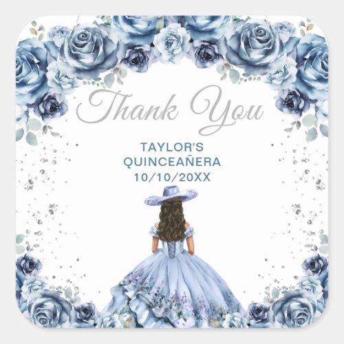Dusty Blue Princess Charro Quinceaera Thank You Square Sticker