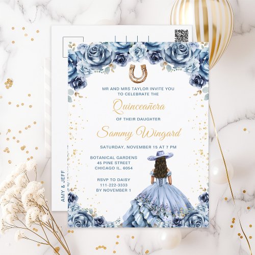 Dusty Blue Princess Floral Charro Quinceaera Postcard