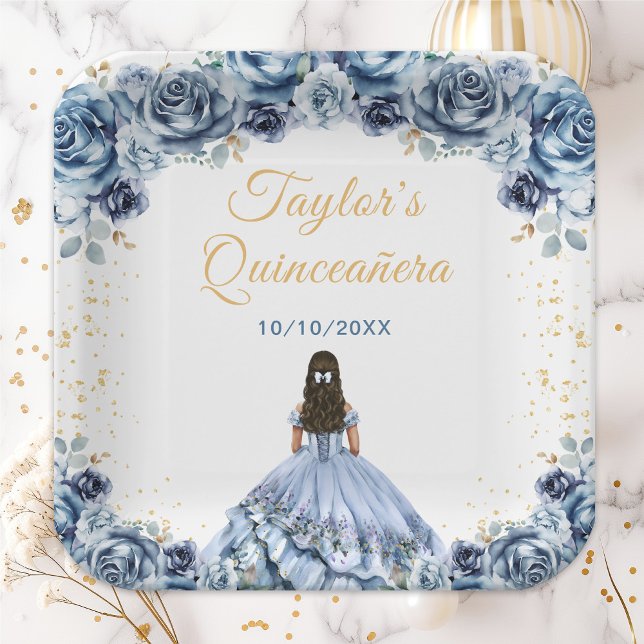 Dusty Blue Princess Floral Quinceañera Paper Plates (Creator Uploaded)
