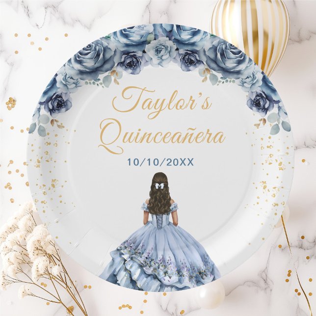 Dusty Blue Princess Floral Quinceañera Paper Plates (Creator Uploaded)