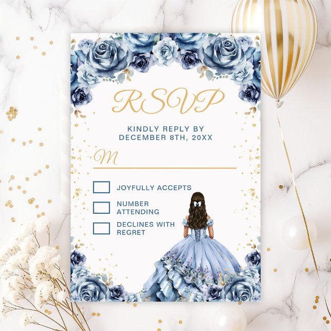 Dusty Blue Princess Floral Quinceañera RSVP Card (Creator Uploaded)