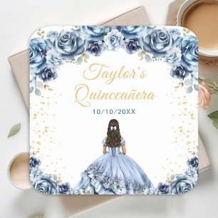 Dusty Blue Princess Floral Quinceañera Square Paper Coaster