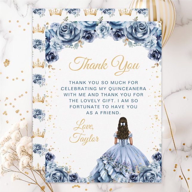 Dusty Blue Princess Floral Quinceañera Thank You Card (Creator Uploaded)