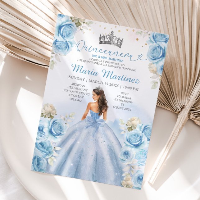 Dusty Blue Princess Floral Silver Quinceañera Invitation (Creator Uploaded)