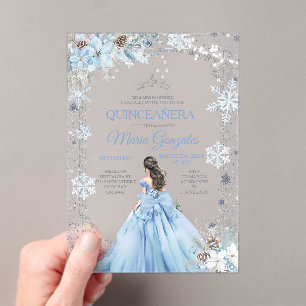 Dusty Blue Princess Floral Winter Snow Quinceañera Acrylic Invitations