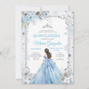 Dusty Blue Princess Floral Winter Snow Quinceañera Invitation