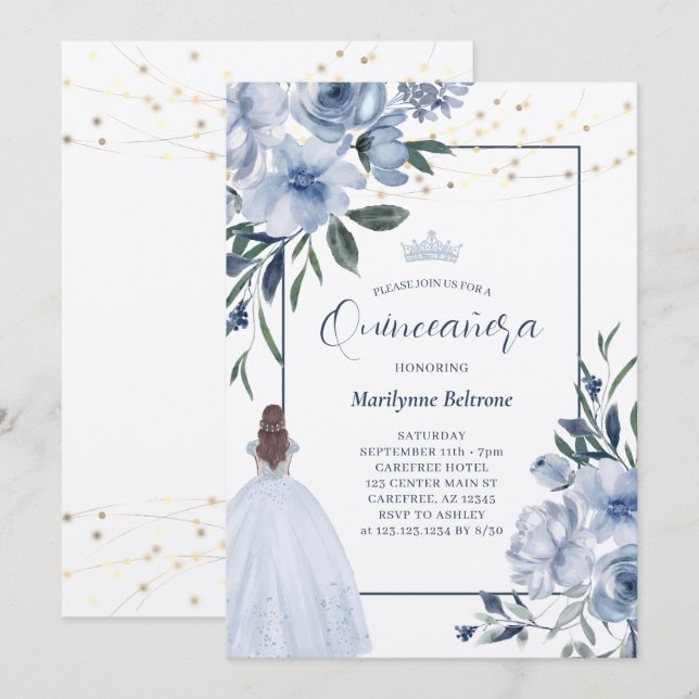 Dusty Blue Princess Quinceañera Invitation (Front/Back)