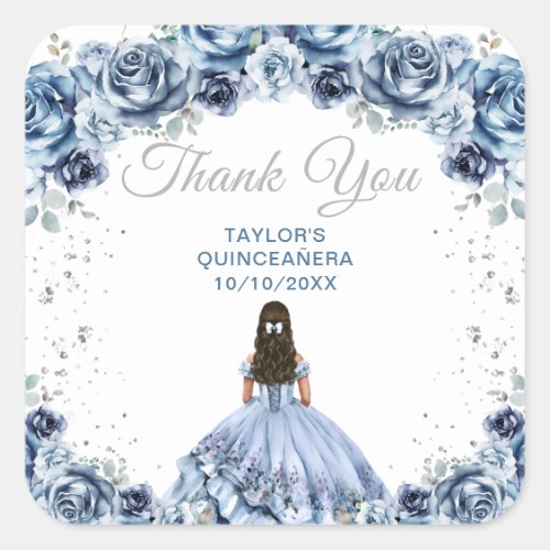 Dusty Blue Princess Quinceaera Thank You Square Sticker