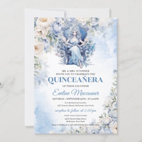 Dusty Blue Princess with flowers and Tiara Invitation