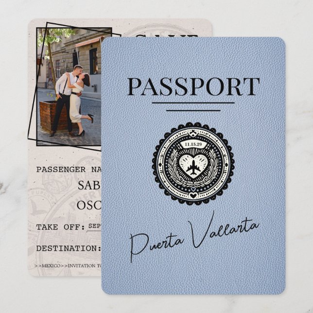 Dusty Blue Puerta Vallarta Passport Save The Date (Front/Back)