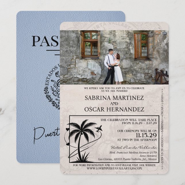 Dusty Blue Puerta Vallarta Passport Wedding Invitation (Front/Back)