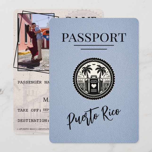 Dusty Blue Puerto Rico Passport Save The Date (Front/Back)