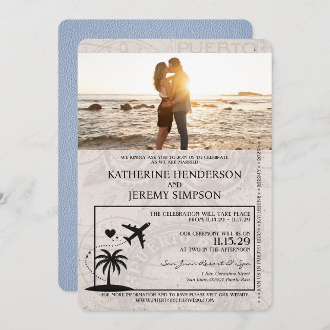 Dusty Blue Puerto Rico Passport Wedding Invitation (Front/Back)