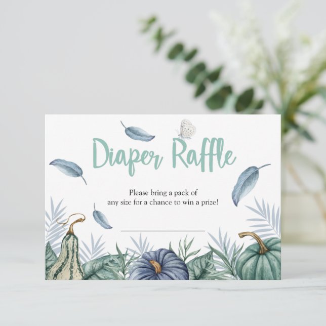Dusty Blue Pumpkin Baby Shower Diaper Raffle Card (Standing Front)
