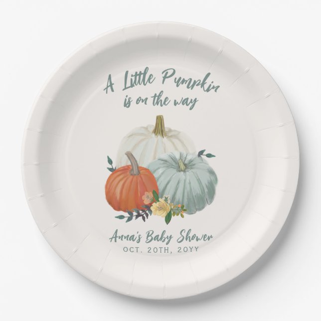  Dusty Blue Pumpkin Baby Shower Paper Plates (Front)