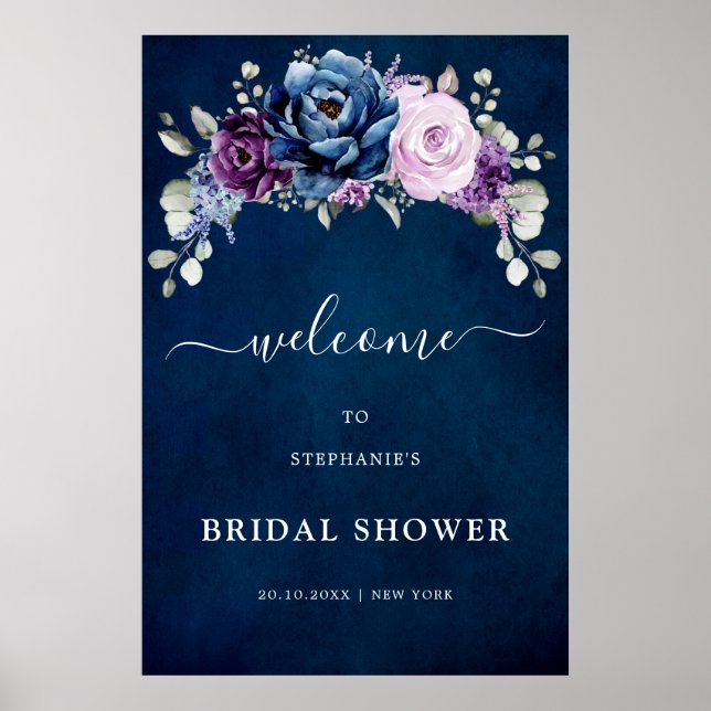 Dusty Blue Purple Blooms Bridal Shower Welcome  Po Poster (Front)