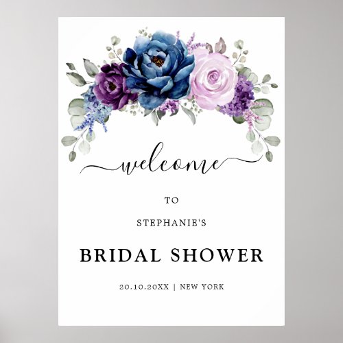 Dusty Blue Purple Blooms Bridal Shower Welcome  Poster