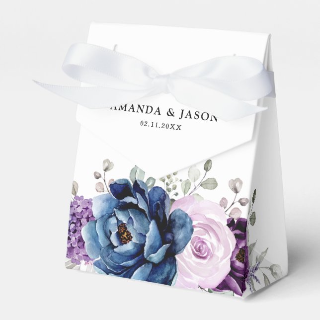 Dusty Blue Purple Blooms Wedding Thank You Favor Boxes (Front Side)