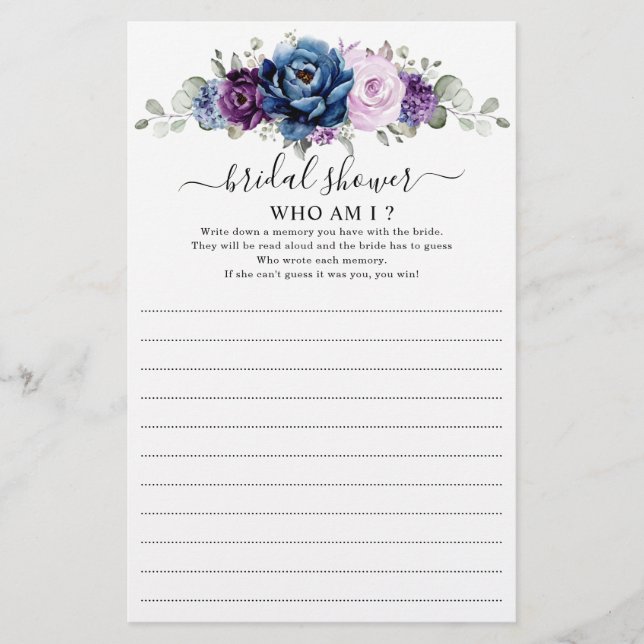 Dusty Blue Purple Bridal Shower Who Am I Game (Front)