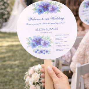 Dusty Blue  Purple Floral Wedding Program   Hand Fan