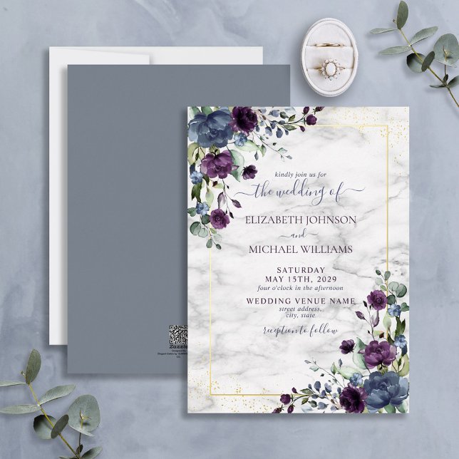 Dusty Blue Purple Gold Floral Wedding Foil Invitation (Creator Uploaded)